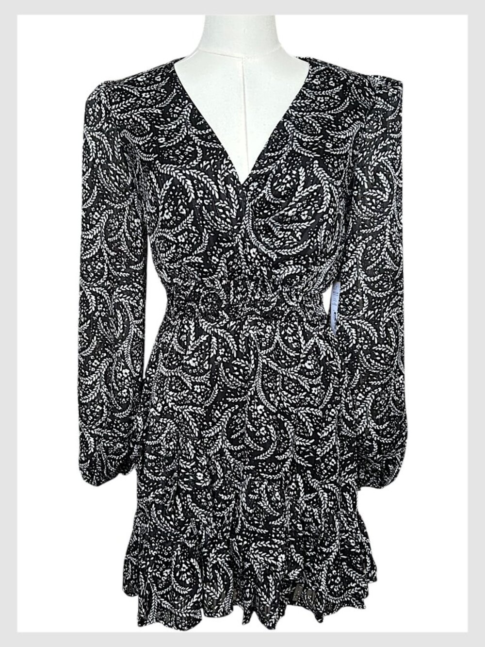 Aqua Black White Floral Ruffle Mini Dress Long Sleeve XS - Picture 2 of 10